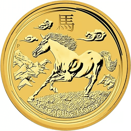 Das Pferd als chinesisches Sternzeichen auf einer Goldmünze, die dem Jahr des Pferdes 2014 gewidmet ist.