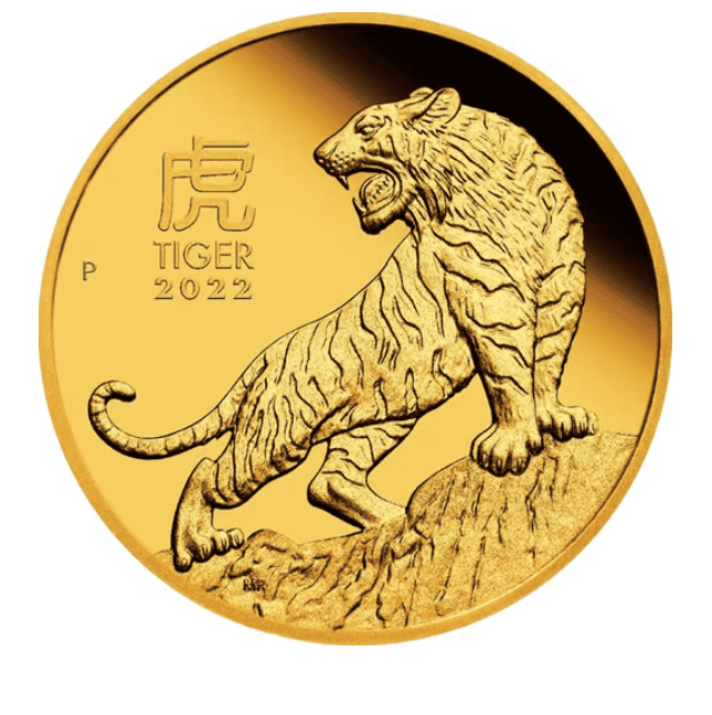 Der Tiger als chinesisches Sternzeichen auf einer Goldmünze, die dem Jahr des Tigers 2022 gewidmet ist.