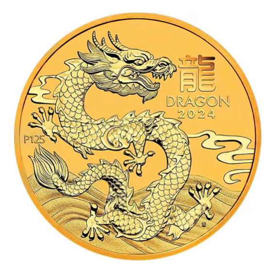 Der Drache als chinesisches Sternzeichen auf einer Goldmünze, die dem Jahr des Drachen 2024 gewidmet ist.