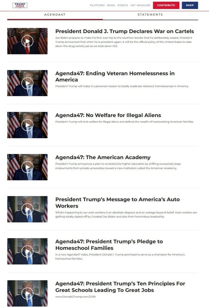 Agenda 47 Videobotschaften Screenshot Website Präsident Donald Trump